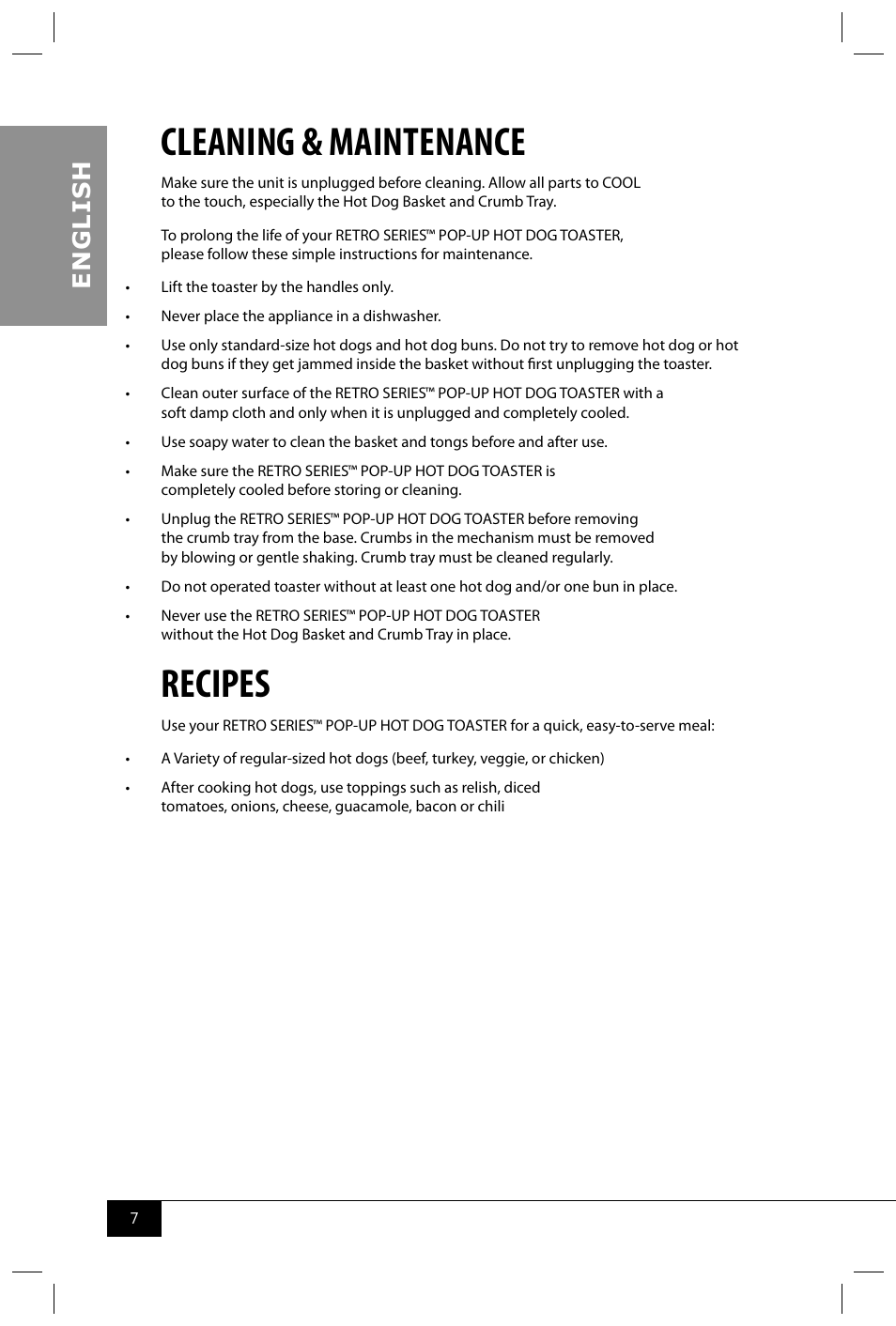 Cleaning & maintenance, Recipes, En g li s h | Nostalgia Electrics RHDT700 User Manual | Page 9 / 12