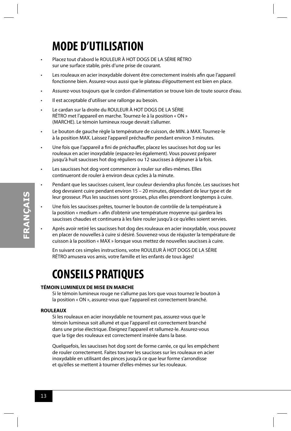 Mode d’utilisation, Conseils pratiques | Nostalgia Electrics RHD800 User Manual | Page 15 / 24