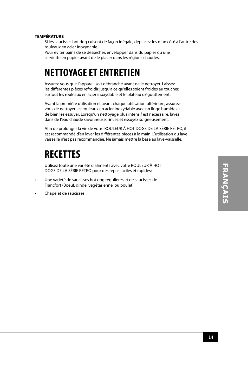 Nettoyage et entretien, Recettes | Nostalgia Electrics RHD800 User Manual | Page 16 / 24