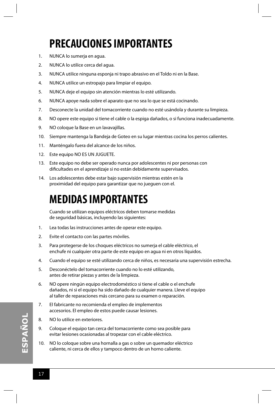 Precauciones importantes, Medidas importantes | Nostalgia Electrics RHD800 User Manual | Page 19 / 24