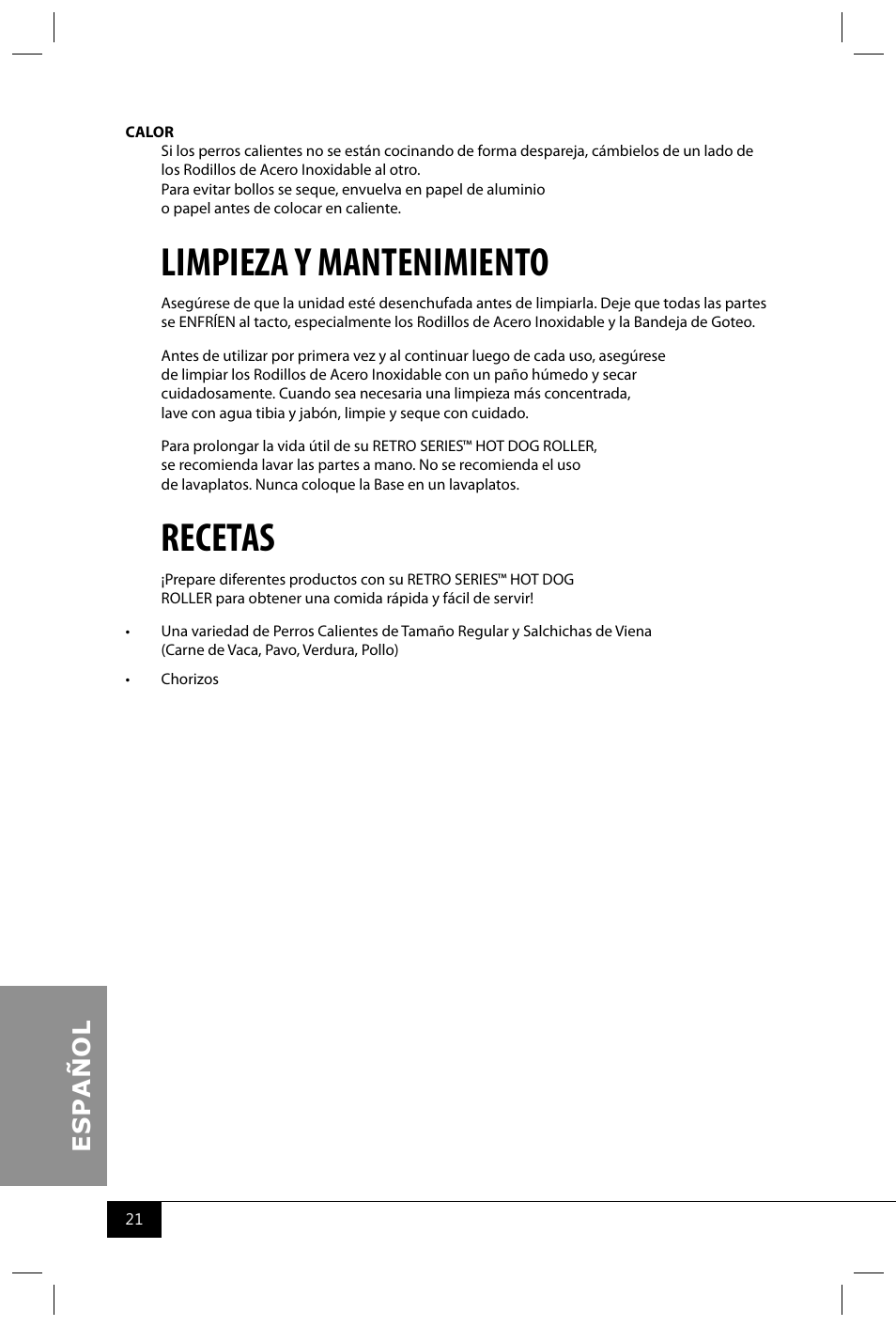 Limpieza y mantenimiento, Recetas | Nostalgia Electrics RHD800 User Manual | Page 23 / 24