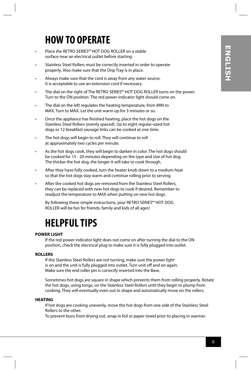 How to operate, Helpful tips, En g li s h | Nostalgia Electrics RHD800 User Manual | Page 8 / 24