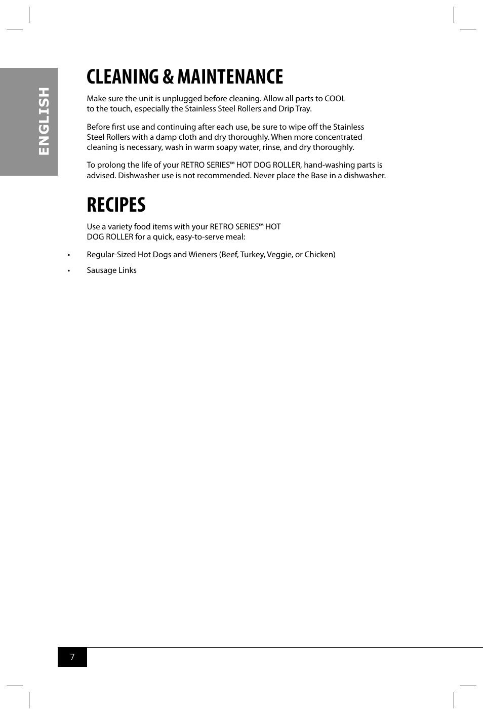 Cleaning & maintenance, Recipes, En g li s h | Nostalgia Electrics RHD800 User Manual | Page 9 / 24