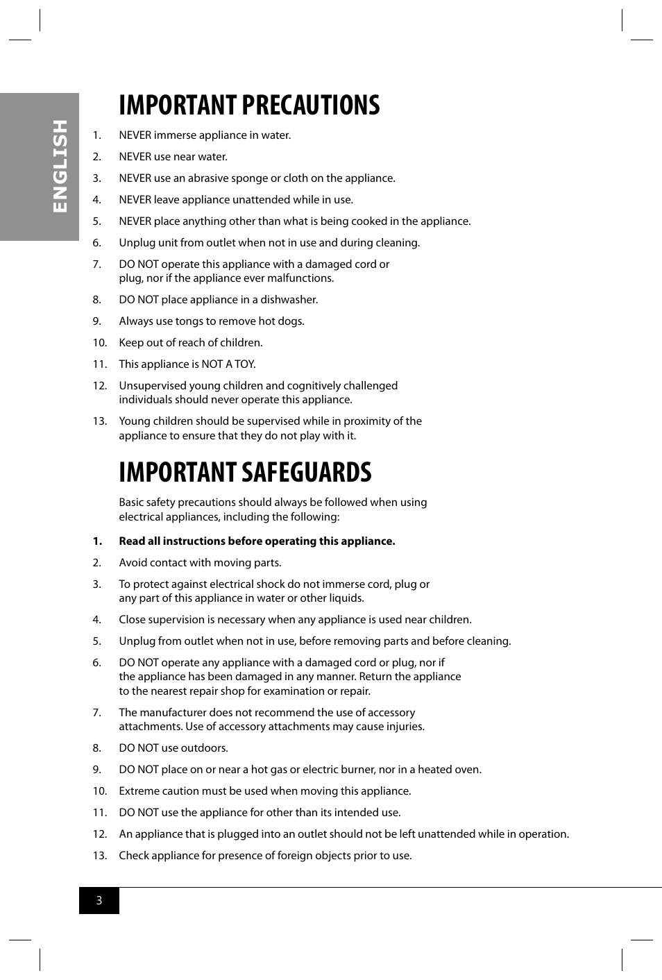 Important precautions, Important safeguards, En g li s h | Nostalgia Electrics HDT600 RETRO RED User Manual | Page 5 / 24