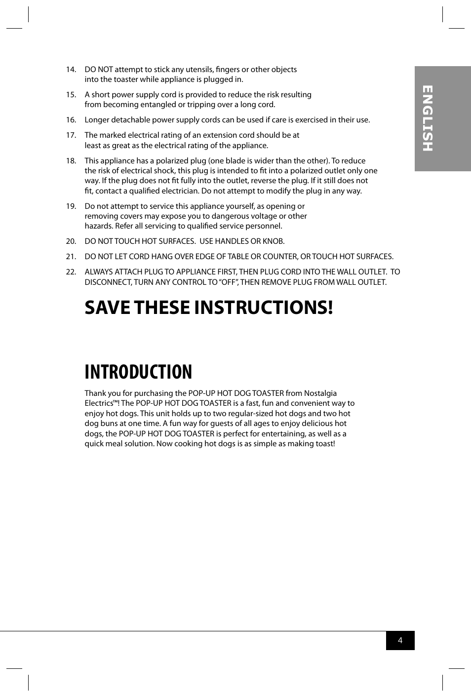 Introduction, Save these instructions, En g li s h | Nostalgia Electrics HDT600 RETRO RED User Manual | Page 6 / 24