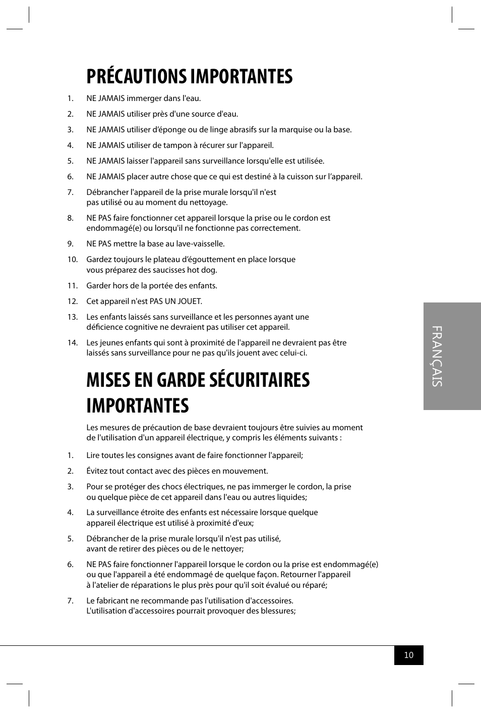 Précautions importantes, Mises en garde sécuritaires importantes, Fr a n ça is | Nostalgia Electrics HDR565 User Manual | Page 12 / 26