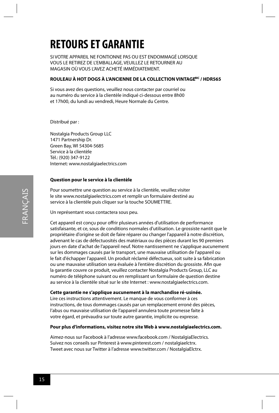 Retours et garantie, Fr a n ça is | Nostalgia Electrics HDR565 User Manual | Page 17 / 26