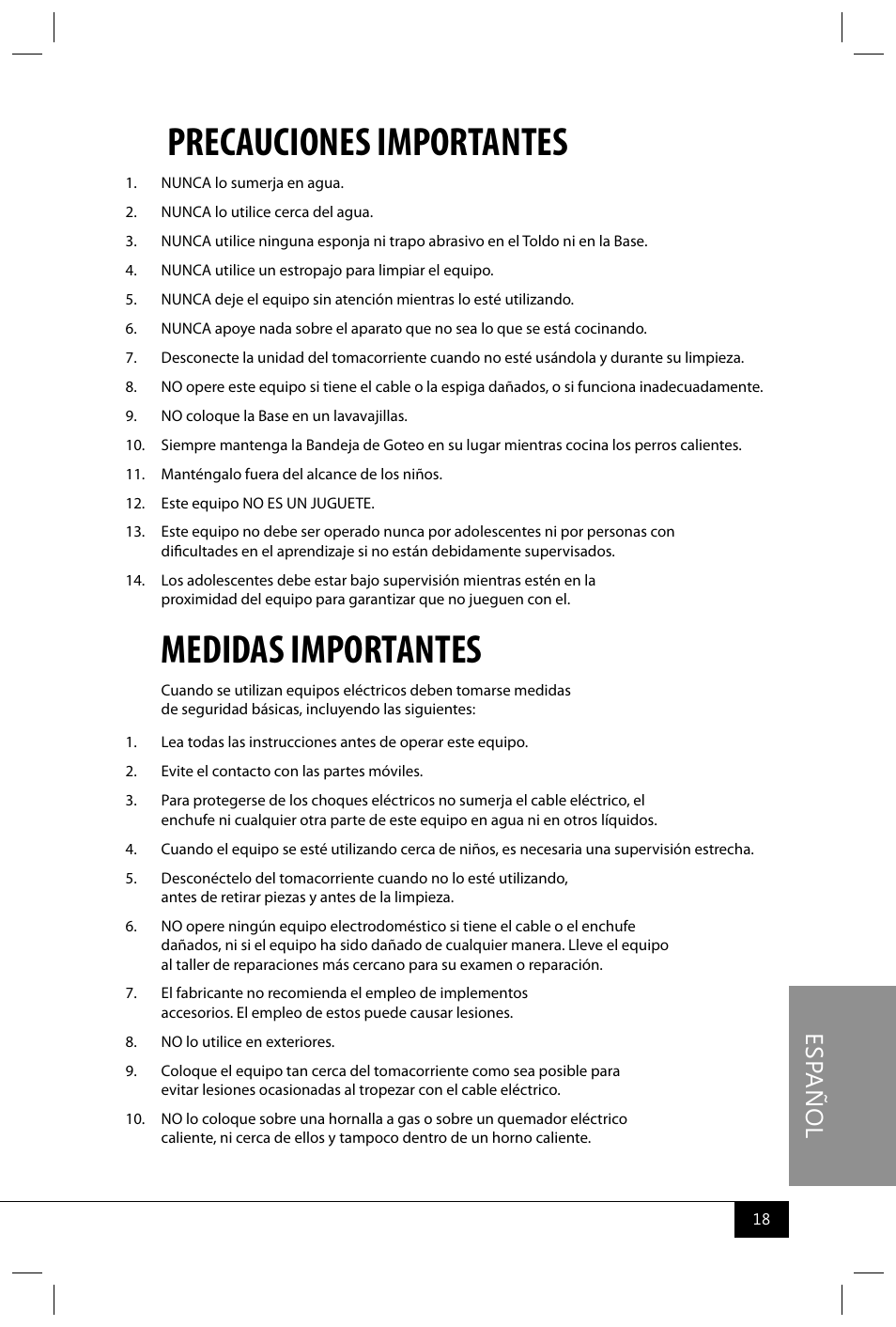 Precauciones importantes, Medidas importantes, Es pa ñ o l | Nostalgia Electrics HDR565 User Manual | Page 20 / 26