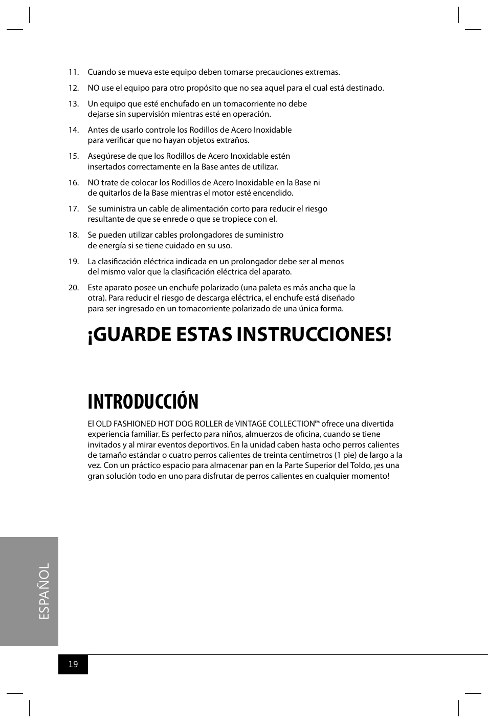 Introducción, Guarde estas instrucciones, Es pa ñ o l | Nostalgia Electrics HDR565 User Manual | Page 21 / 26