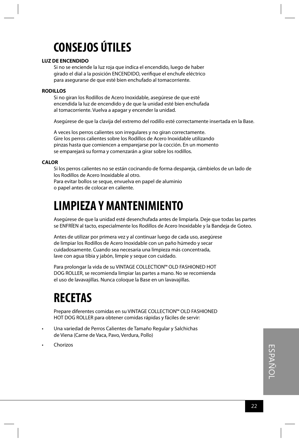 Consejos útiles, Limpieza y mantenimiento, Recetas | Es pa ñ o l | Nostalgia Electrics HDR565 User Manual | Page 24 / 26