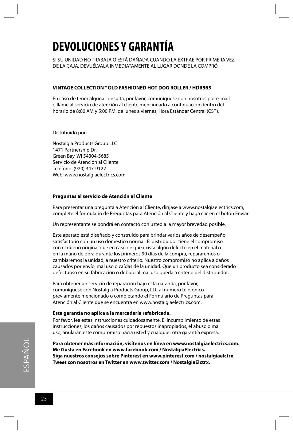 Devoluciones y garantía, Es pa ñ o l | Nostalgia Electrics HDR565 User Manual | Page 25 / 26