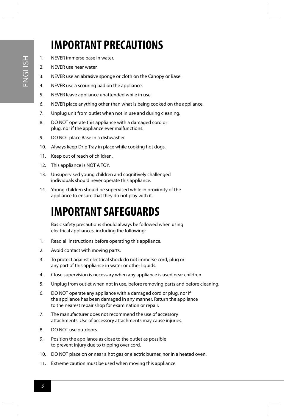 Important precautions, Important safeguards, En g li sh | Nostalgia Electrics HDR565 User Manual | Page 5 / 26