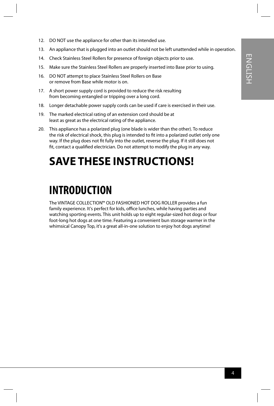 Introduction, Save these instructions, En g lis h | Nostalgia Electrics HDR565 User Manual | Page 6 / 26