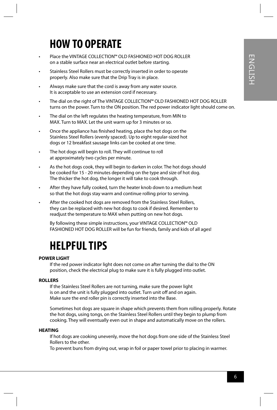 How to operate, Helpful tips, En g lis h | Nostalgia Electrics HDR565 User Manual | Page 8 / 26