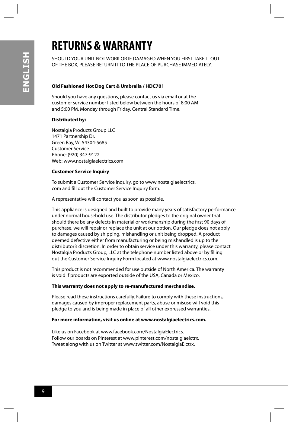 Returns & warranty, En g li s h | Nostalgia Electrics HDC701 User Manual | Page 11 / 14