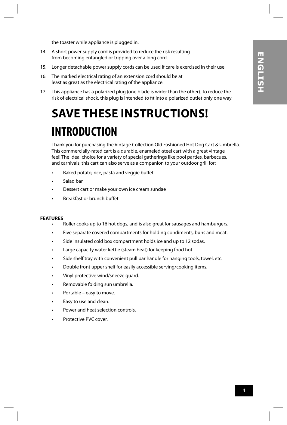 Introduction, Save these instructions, En g li s h | Nostalgia Electrics HDC701 User Manual | Page 6 / 14