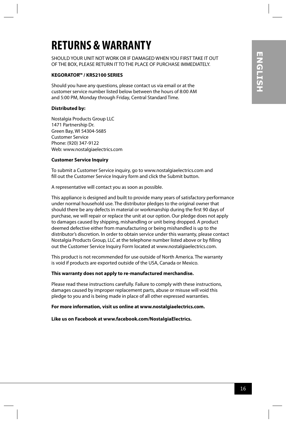 Returns & warranty, En g li s h | Nostalgia Electrics KRS2100 SERIES User Manual | Page 18 / 18
