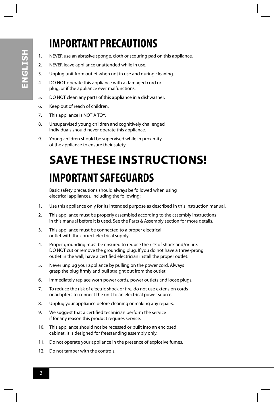 Important precautions, Save these instructions! important safeguards, En g li s h | Nostalgia Electrics KRS2100 SERIES User Manual | Page 5 / 18