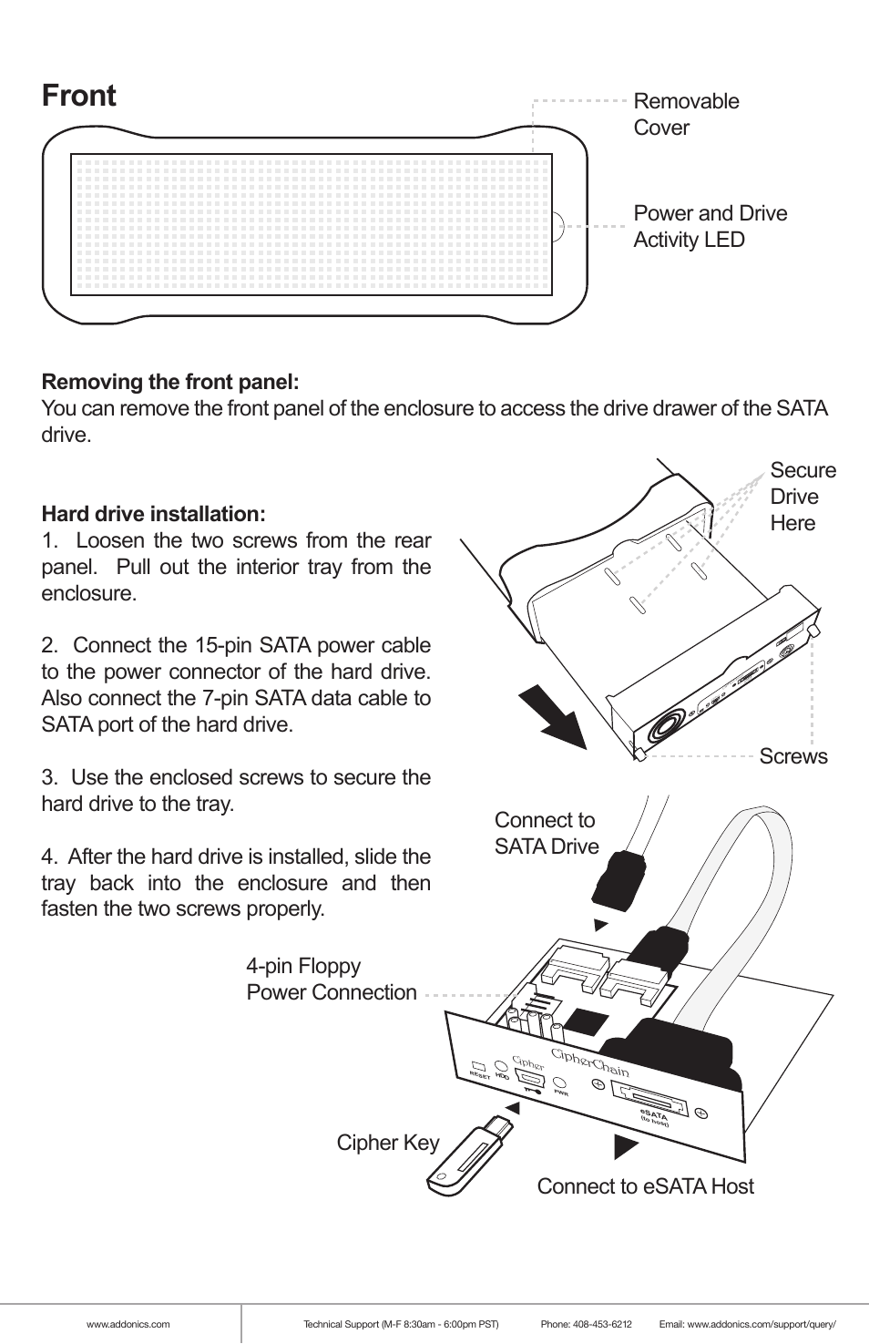 Front, Power and drive activity led removable cover, Screws secure drive here | Addonics Technologies ZSAES256EU User Manual | Page 2 / 4