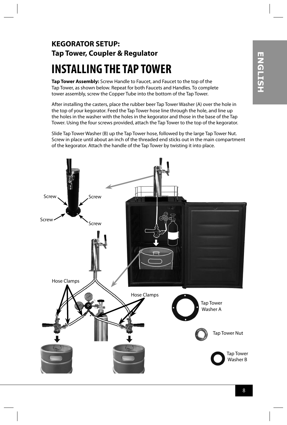 Installing the tap tower, En g li s h, Kegorator setup: tap tower, coupler & regulator | Nostalgia Electrics KEG9000 DTSS User Manual | Page 10 / 16