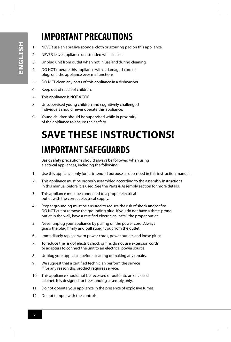 Important precautions, Save these instructions! important safeguards, En g li s h | Nostalgia Electrics KEG9000 DTSS User Manual | Page 5 / 16