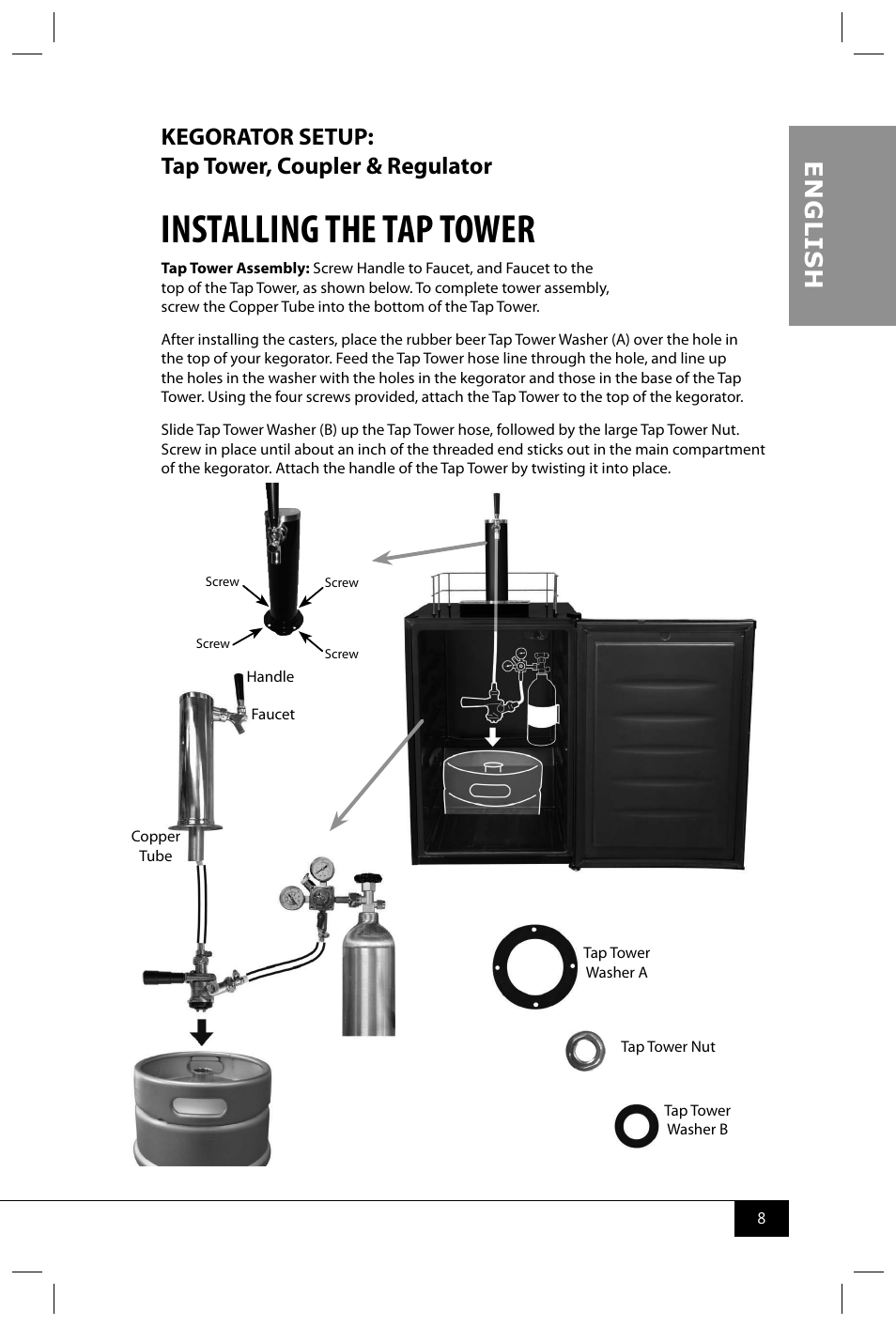 Installing the tap tower, En g li s h, Kegorator setup: tap tower, coupler & regulator | Nostalgia Electrics KEG8000 RETRO RED User Manual | Page 10 / 16