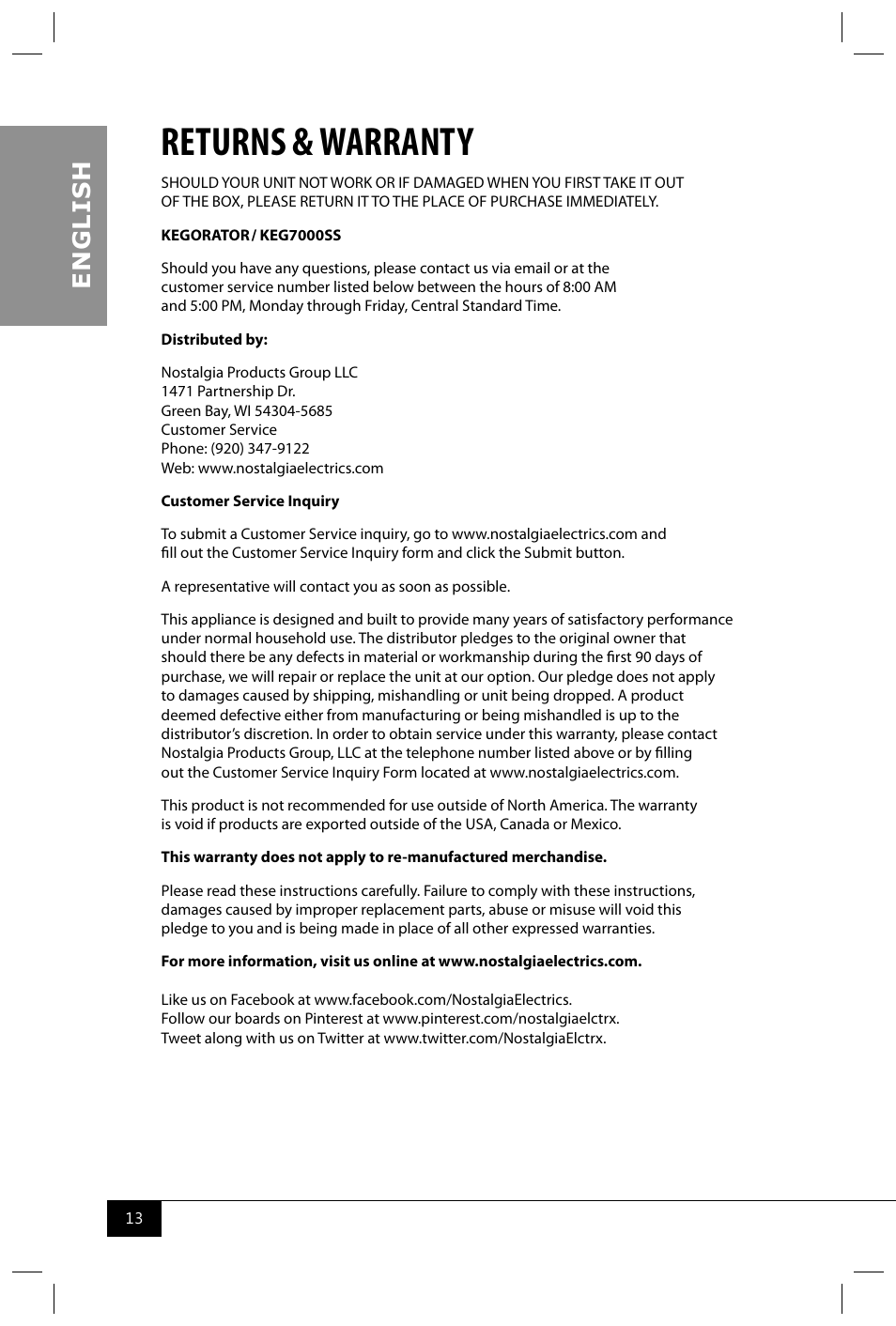 Returns & warranty, En g li s h | Nostalgia Electrics KEG7000SS User Manual | Page 15 / 16