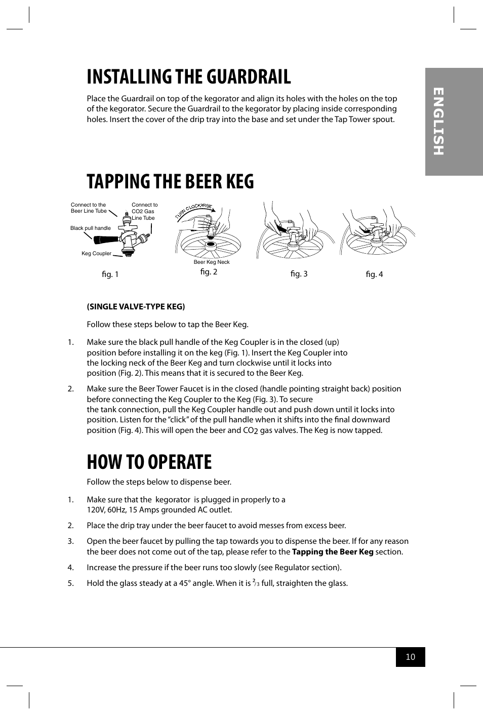 Installing the guardrail, Tapping the beer keg, How to operate | En g li s h | Nostalgia Electrics KEG6000BLK User Manual | Page 12 / 16