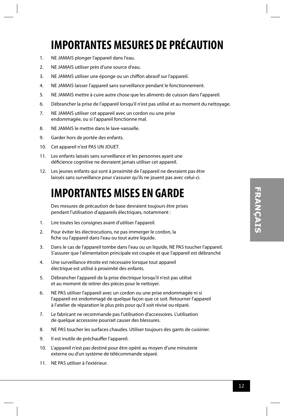 Importantes mesures de précaution, Importantes mises en garde | Nostalgia Electrics SMM200 User Manual | Page 14 / 32