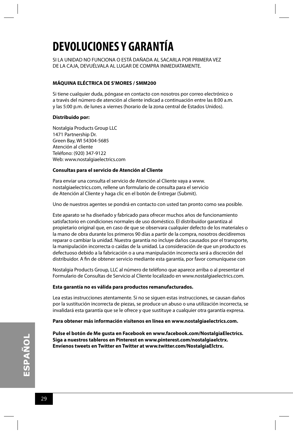Devoluciones y garantía | Nostalgia Electrics SMM200 User Manual | Page 31 / 32