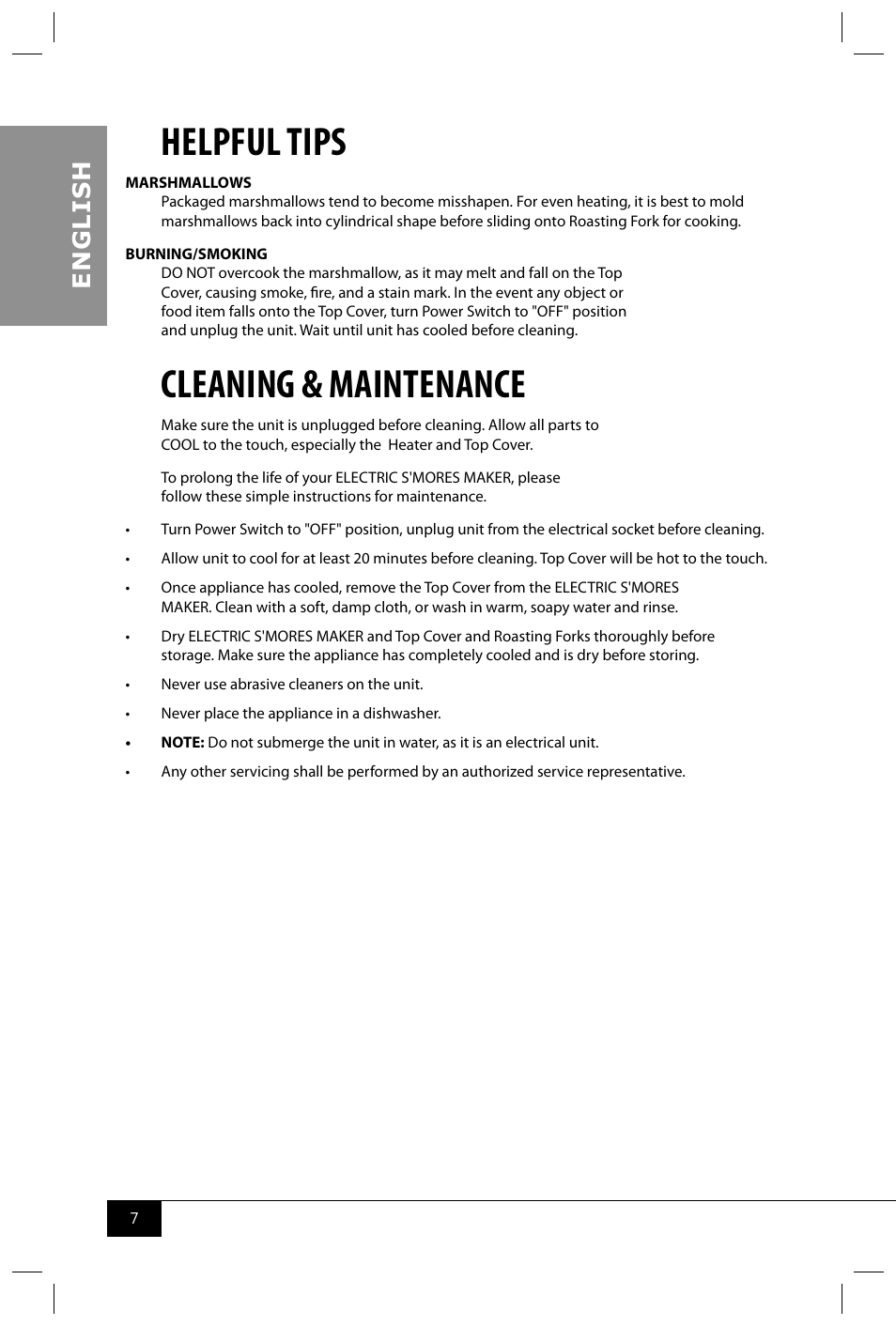Helpful tips, Cleaning & maintenance, En g li s h | Nostalgia Electrics SMM200 User Manual | Page 9 / 32