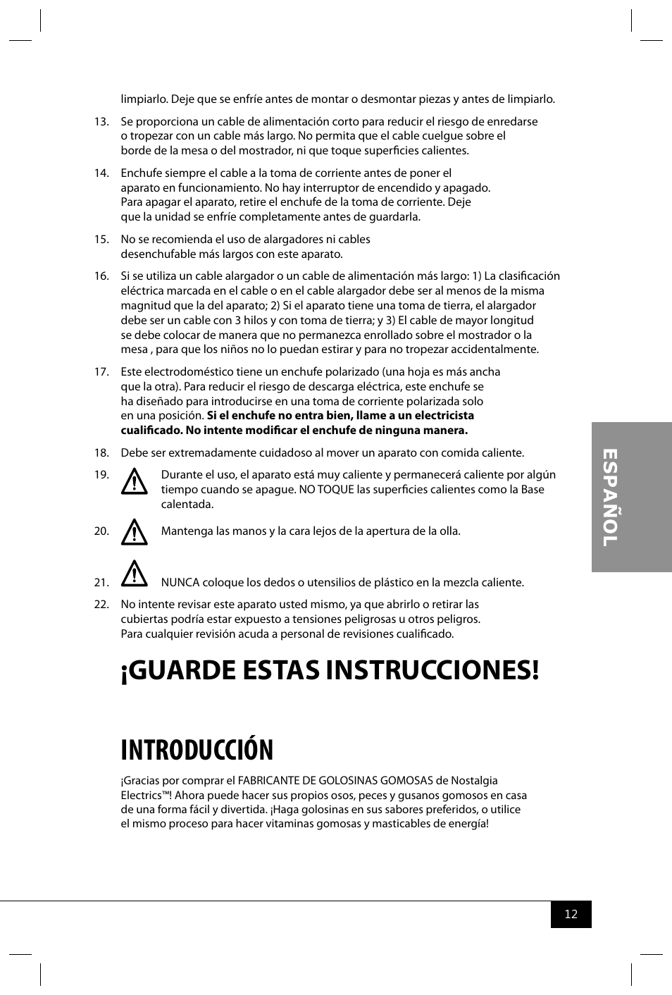 Introducción, Guarde estas instrucciones | Nostalgia Electrics GCM600 User Manual | Page 14 / 28