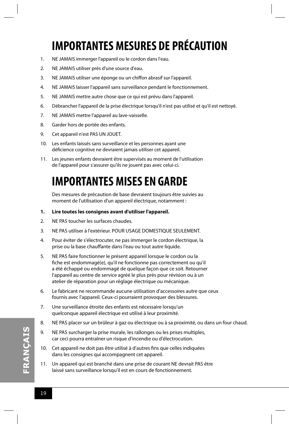 Importantes mesures de précaution, Importantes mises en garde | Nostalgia Electrics GCM600 User Manual | Page 21 / 28