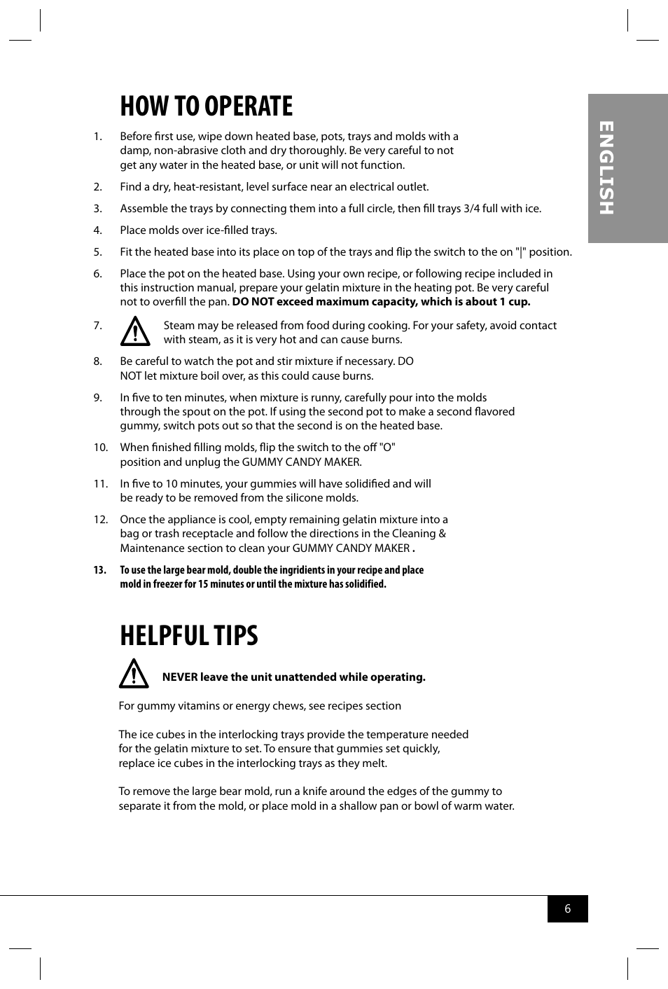 How to operate, Helpful tips, En g li s h | Nostalgia Electrics GCM600 User Manual | Page 8 / 28