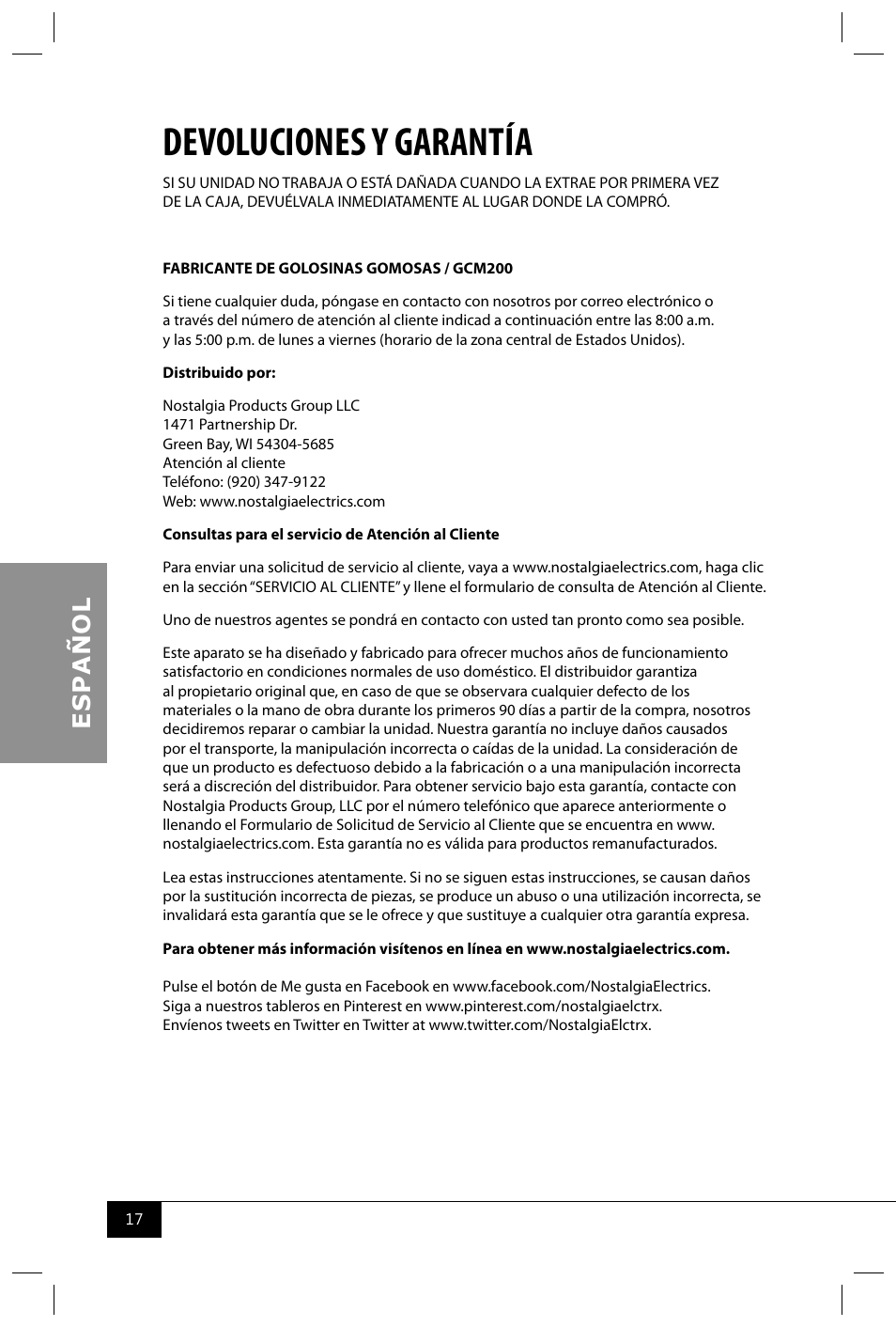 Devoluciones y garantía | Nostalgia Electrics GCM200 User Manual | Page 19 / 28