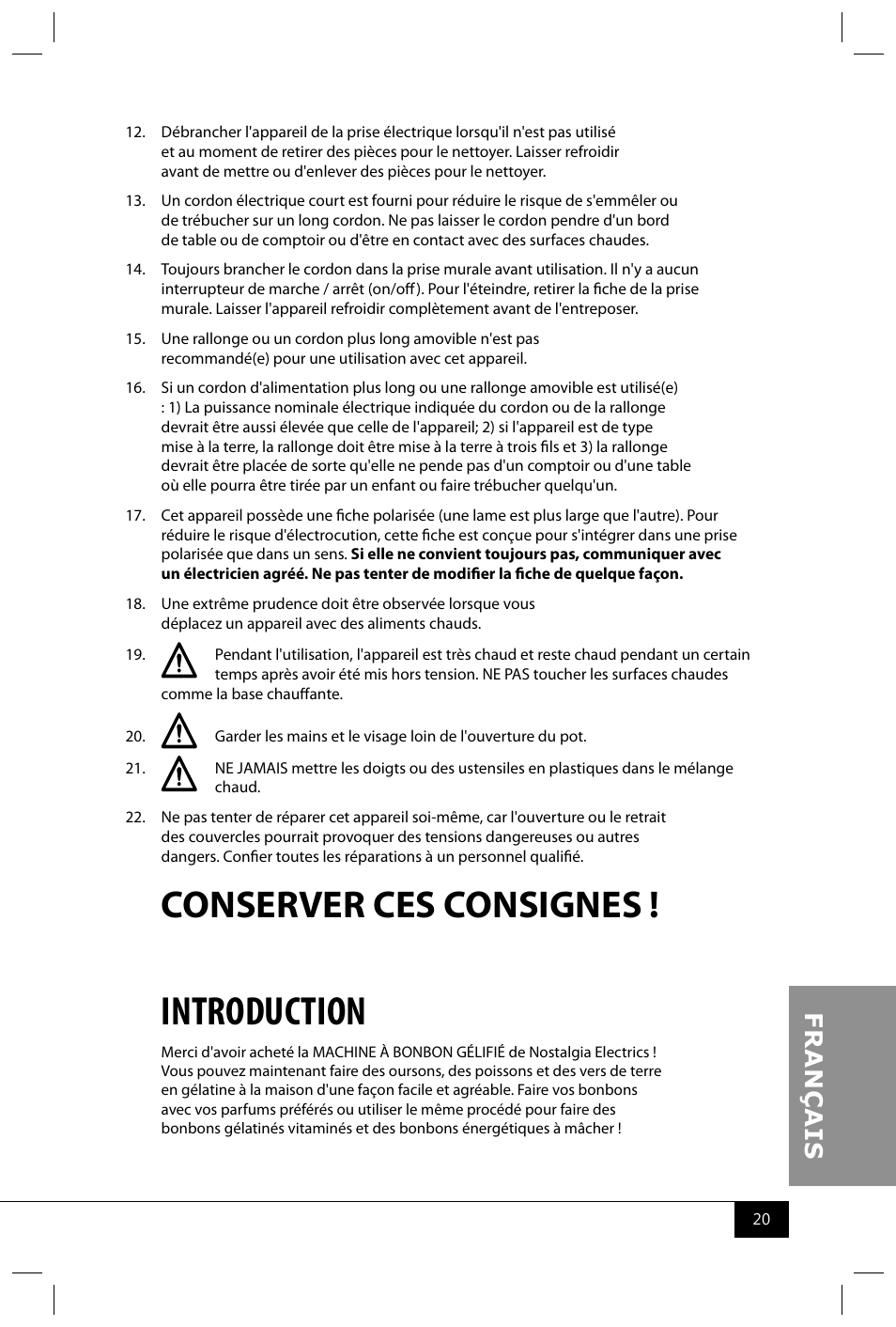 Introduction, Conserver ces consignes | Nostalgia Electrics GCM200 User Manual | Page 22 / 28