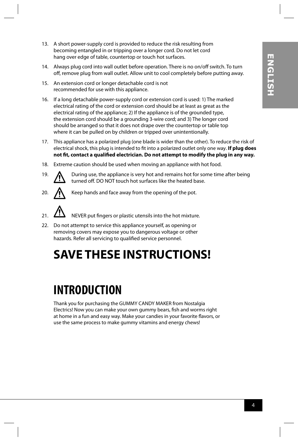 Introduction, Save these instructions, En g li s h | Nostalgia Electrics GCM200 User Manual | Page 6 / 28