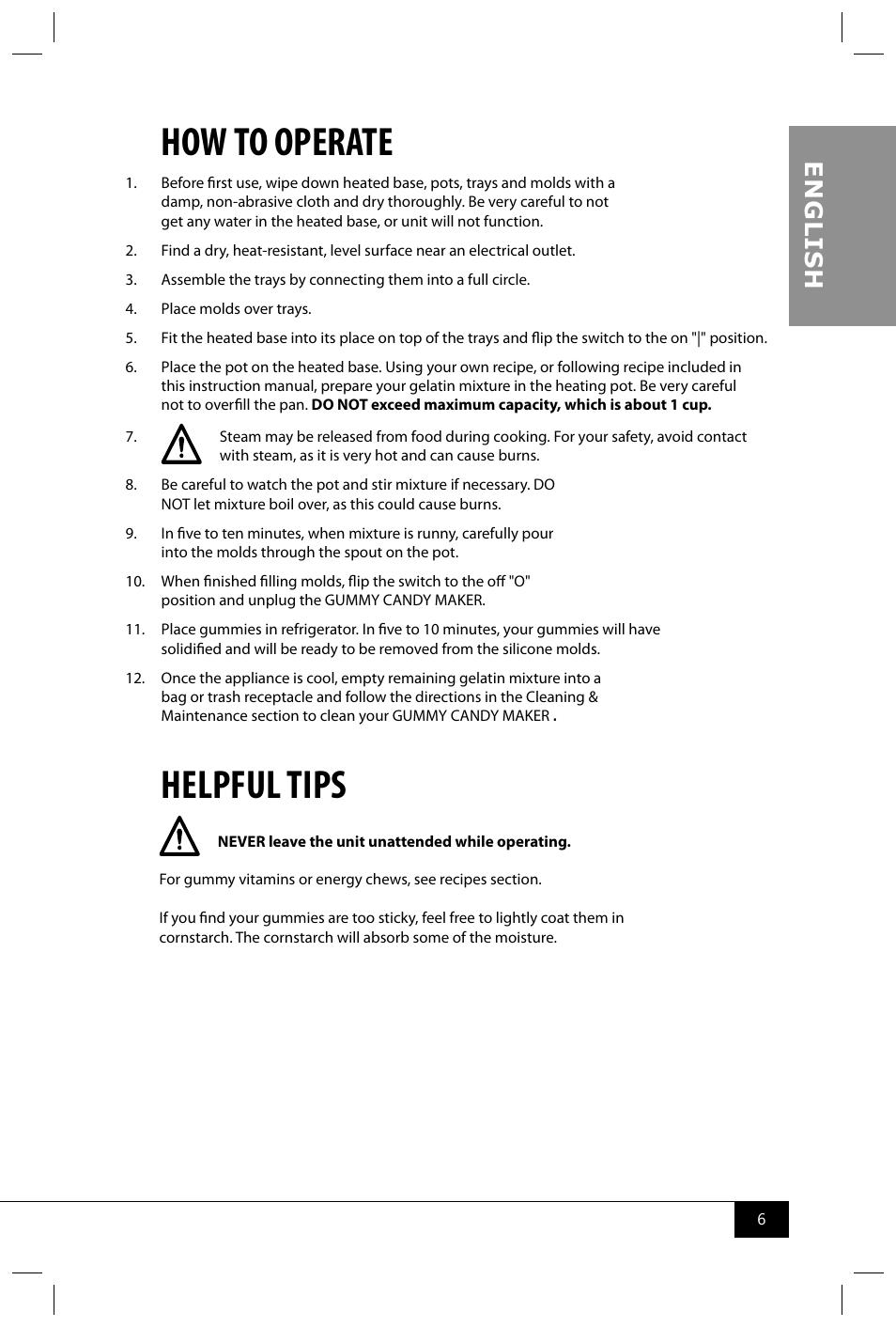 How to operate, Helpful tips, En g li s h | Nostalgia Electrics GCM200 User Manual | Page 8 / 28