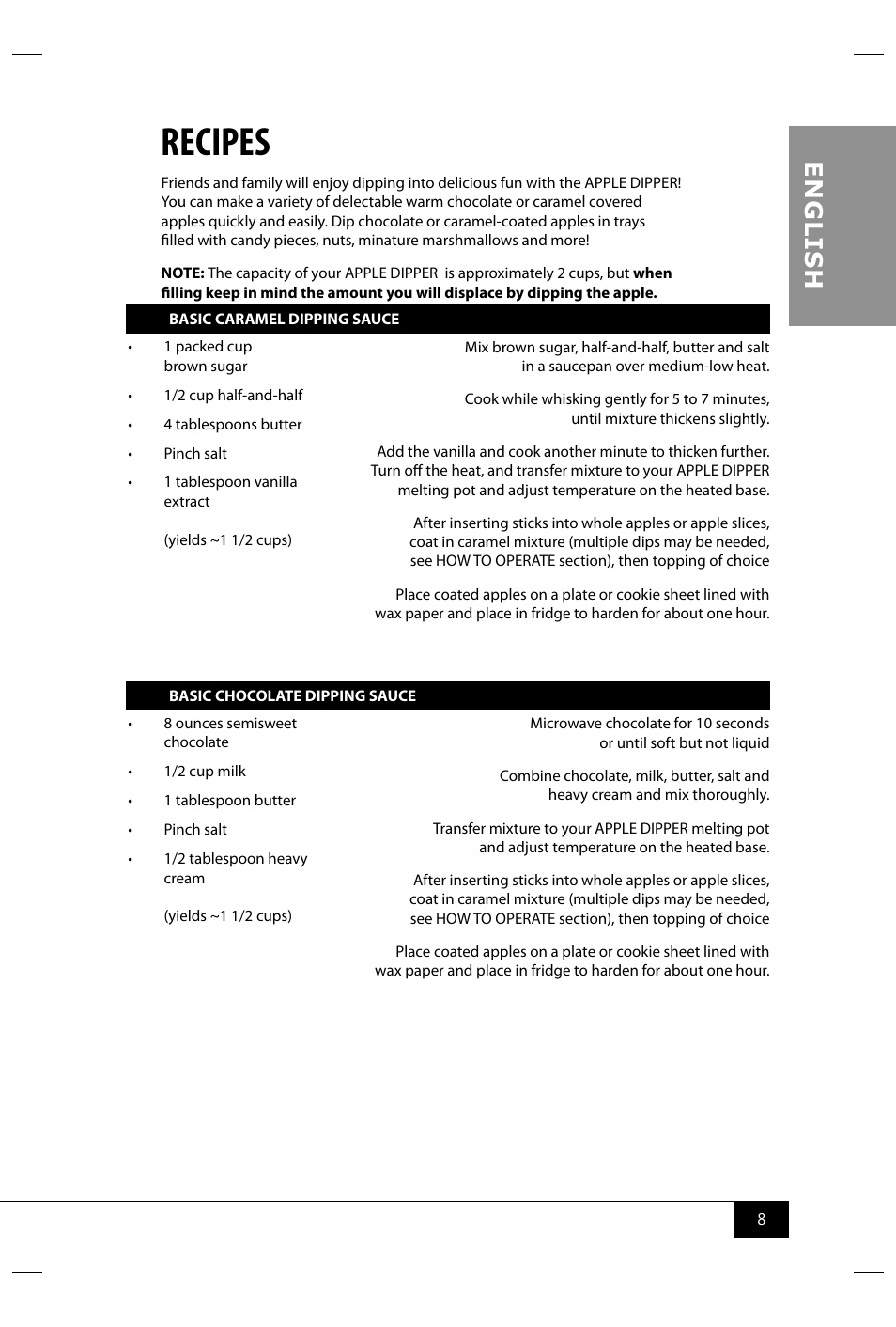 Recipes, En g li s h | Nostalgia Electrics CAM800 User Manual | Page 10 / 12