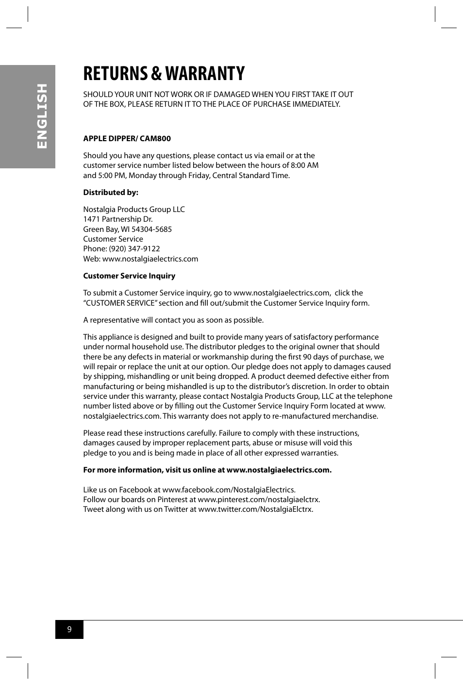 Returns & warranty, En g li s h | Nostalgia Electrics CAM800 User Manual | Page 11 / 12