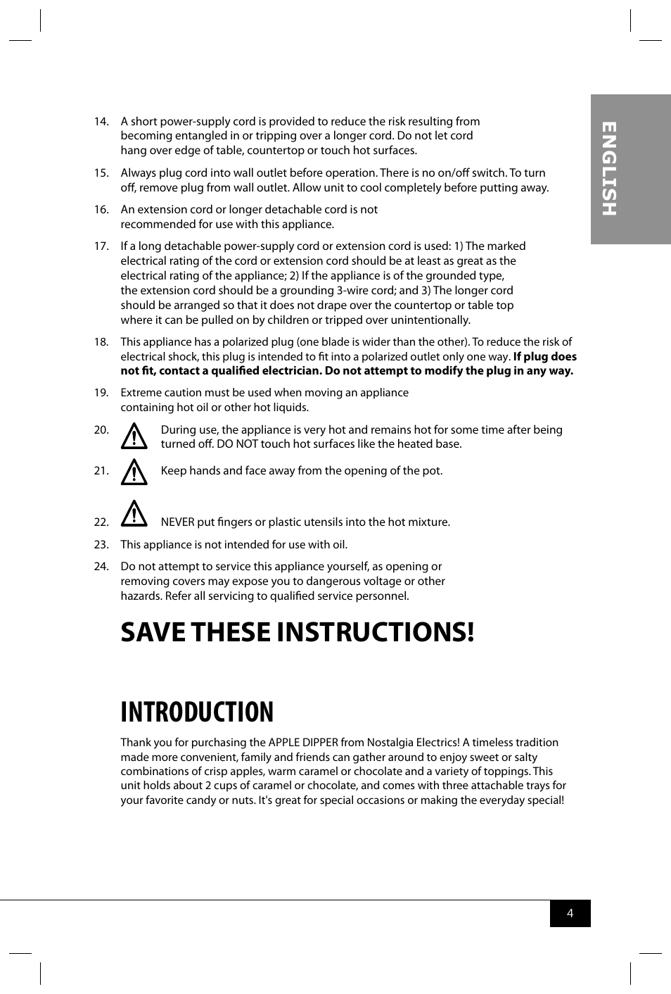 Introduction, Save these instructions, En g li s h | Nostalgia Electrics CAM800 User Manual | Page 6 / 12