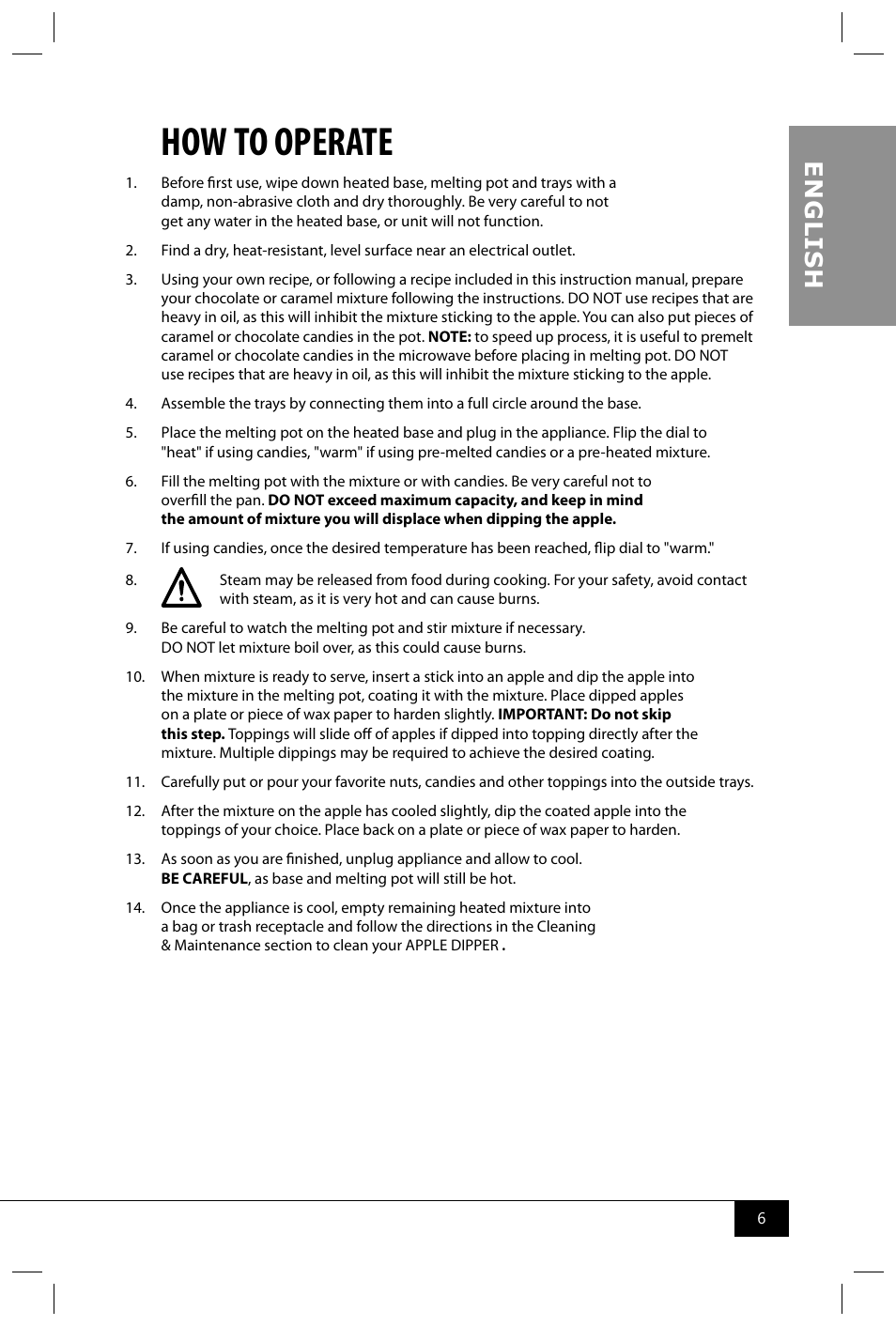 How to operate, En g li s h | Nostalgia Electrics CAM800 User Manual | Page 8 / 12