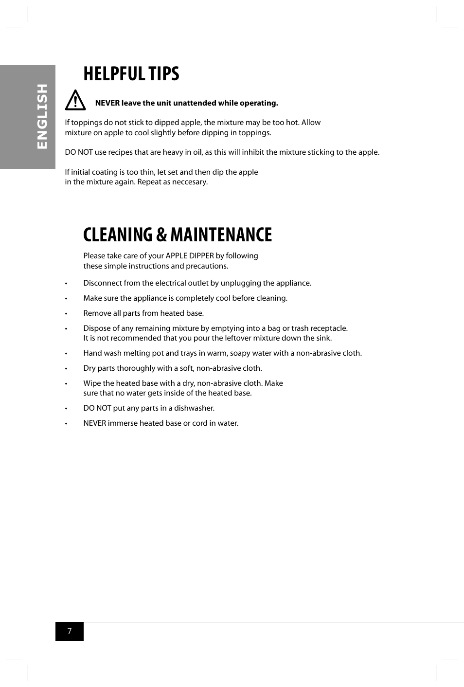 Helpful tips, Cleaning & maintenance, En g li s h | Nostalgia Electrics CAM800 User Manual | Page 9 / 12