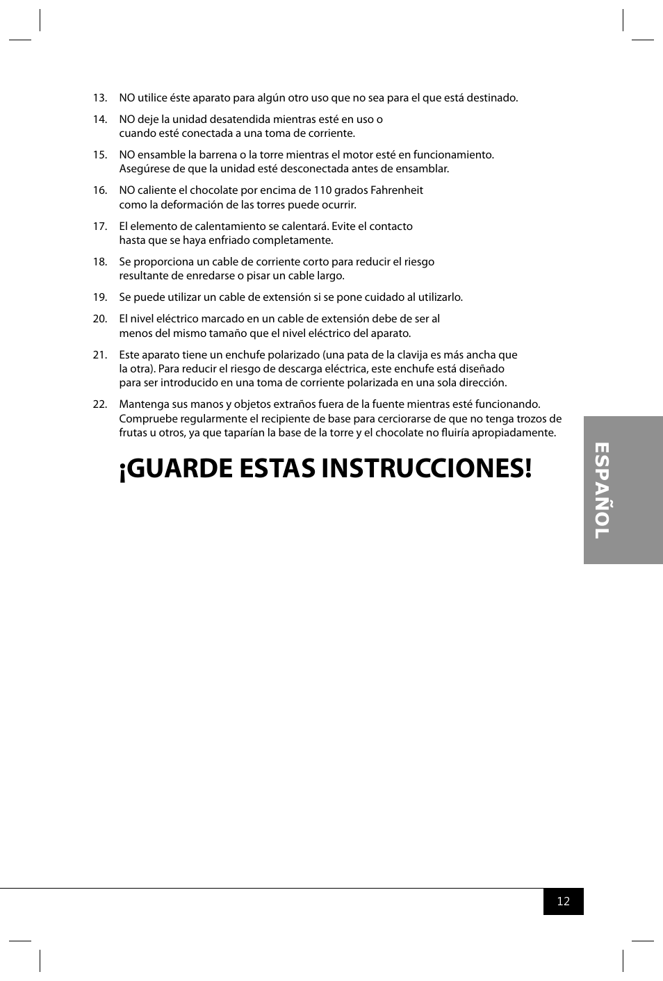 Guarde estas instrucciones | Nostalgia Electrics CFF965 User Manual | Page 14 / 28