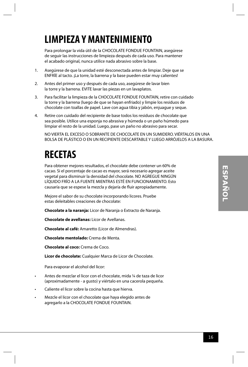 Limpieza y mantenimiento, Recetas | Nostalgia Electrics CFF965 User Manual | Page 18 / 28