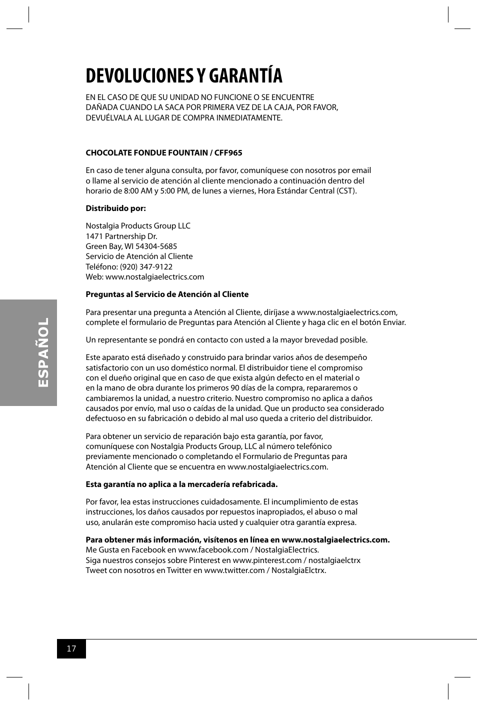 Devoluciones y garantía | Nostalgia Electrics CFF965 User Manual | Page 19 / 28