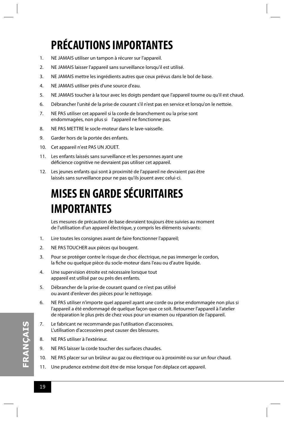 Précautions importantes, Mises en garde sécuritaires importantes | Nostalgia Electrics CFF965 User Manual | Page 21 / 28