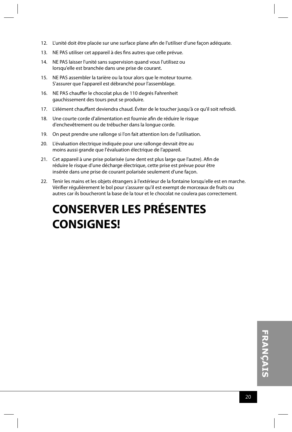 Conserver les présentes consignes | Nostalgia Electrics CFF965 User Manual | Page 22 / 28