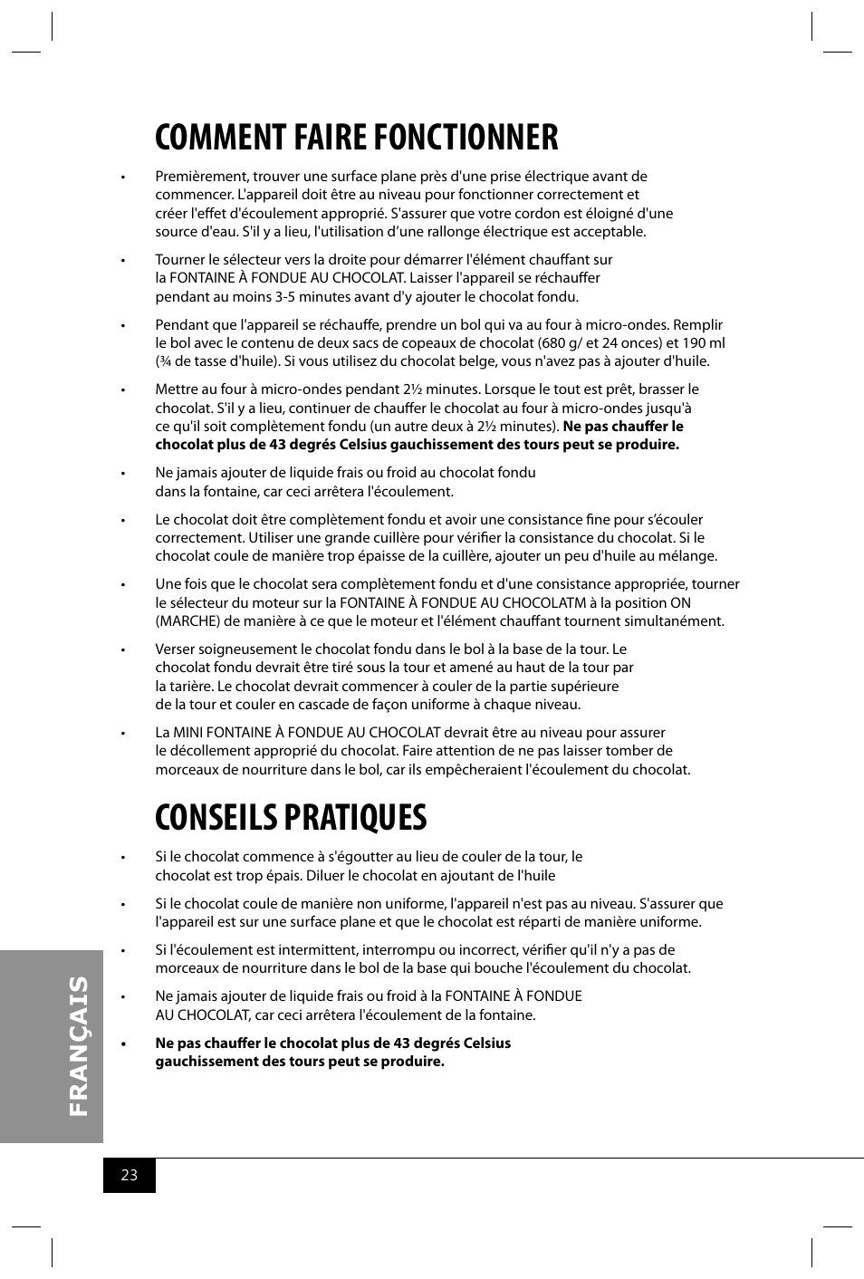 Comment faire fonctionner, Conseils pratiques | Nostalgia Electrics CFF965 User Manual | Page 25 / 28