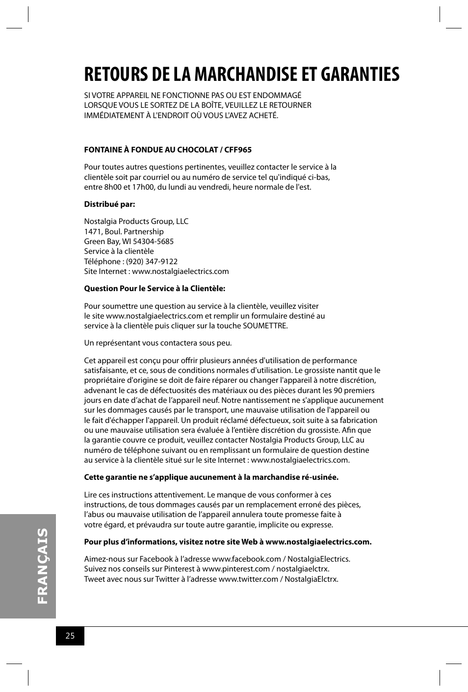 Retours de la marchandise et garanties | Nostalgia Electrics CFF965 User Manual | Page 27 / 28